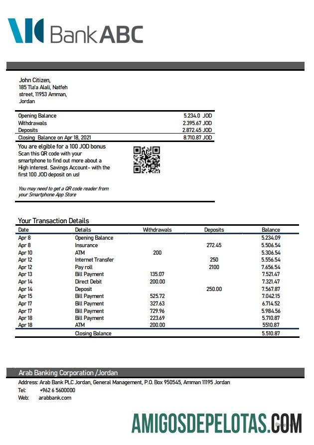 Modelo de extrato bancário Jordan ABC